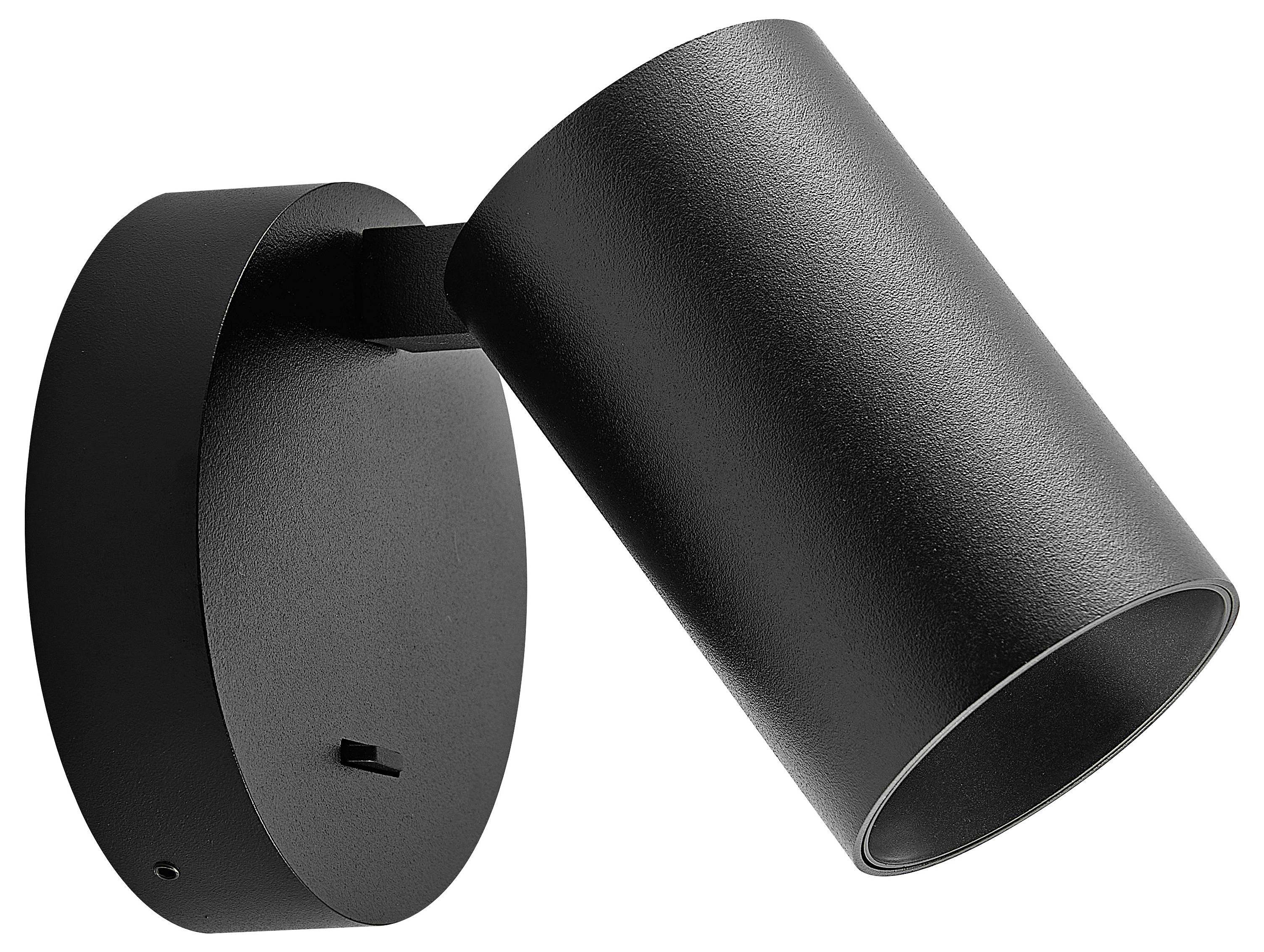 Czarna, cylindryczna lampa ścienna z obrotową głowicą, zamocowana na okrągłej podstawie. Idealna do precyzyjnego oświetlenia.