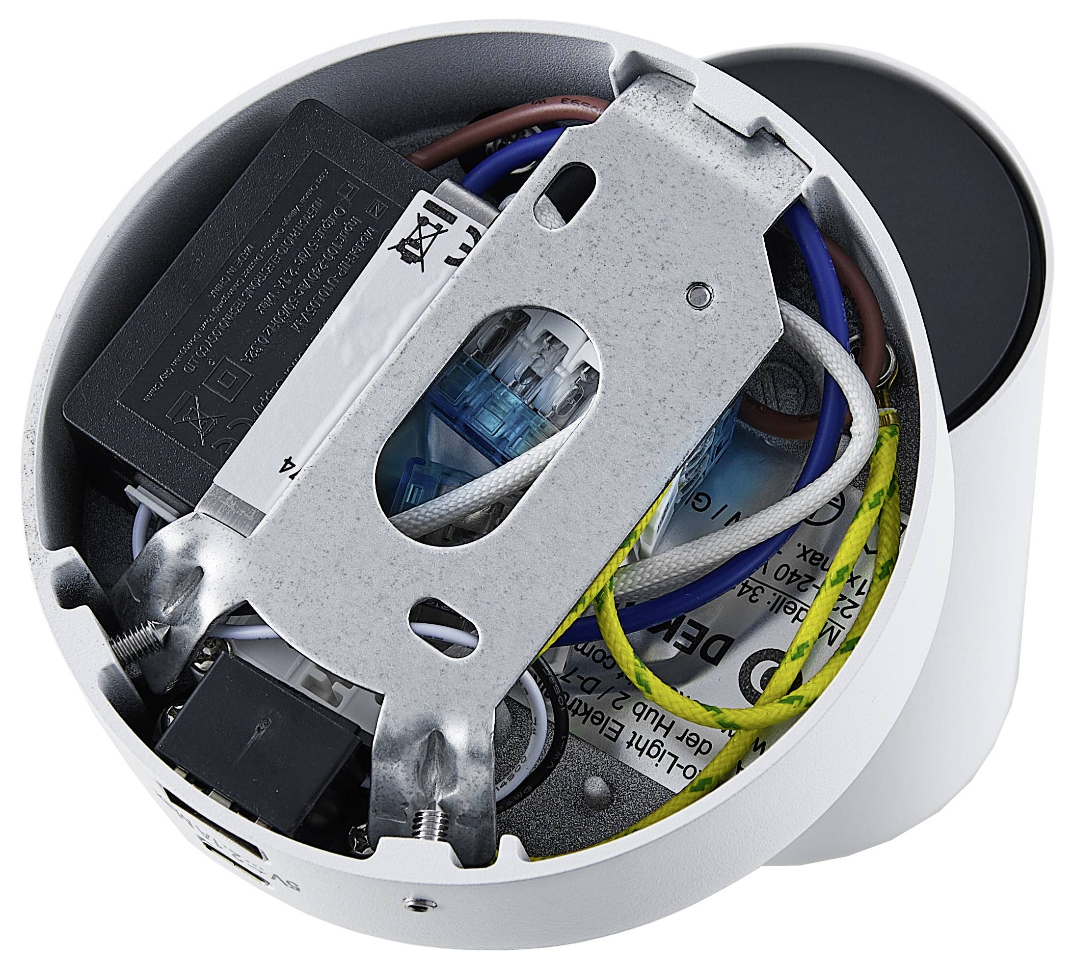 Metalowa obudowa z odkrytymi przewodami elektrycznymi i elementami urządzenia, prawdopodobnie przeznaczona do montażu lub okablowania.