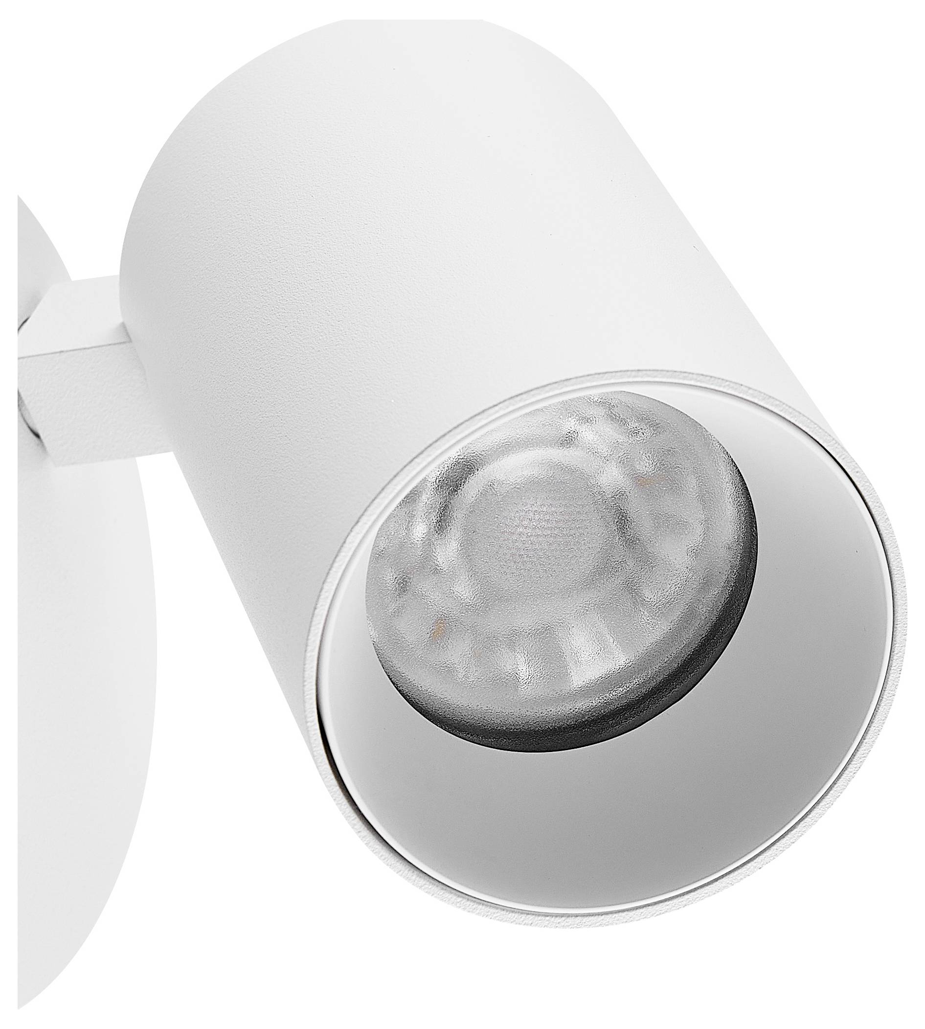 Biały cylindryczny reflektor LED, zamontowany pod lekkim kątem, prezentujący design z widoku z przodu oraz gładką powierzchnię obudowy.