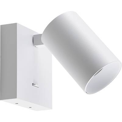 Biała, cylindryczna lampa ścienna z prostokątną podstawą, o nowoczesnym i minimalistycznym designie, idealna do oświetlenia wnętrz.
