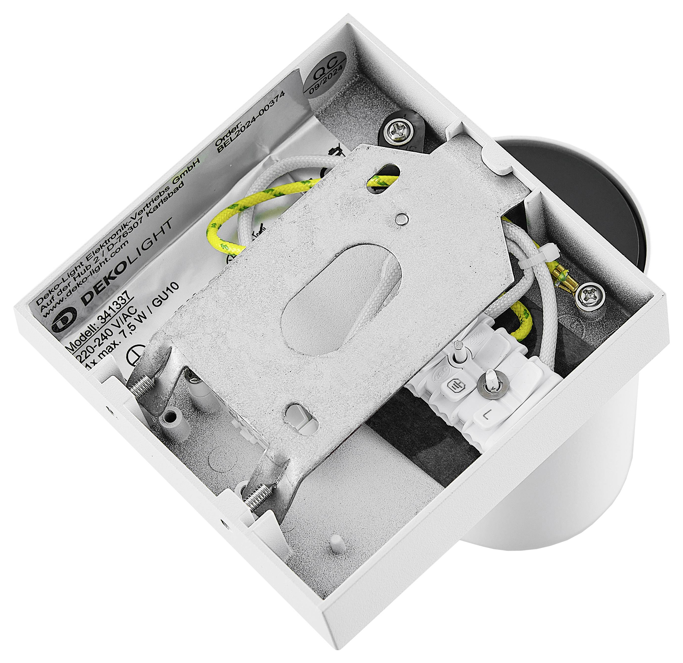 Oprawa podtynkowa z widocznym okablowaniem i metalową osłoną. Napis zawiera specyfikacje techniczne i nazwę producenta.