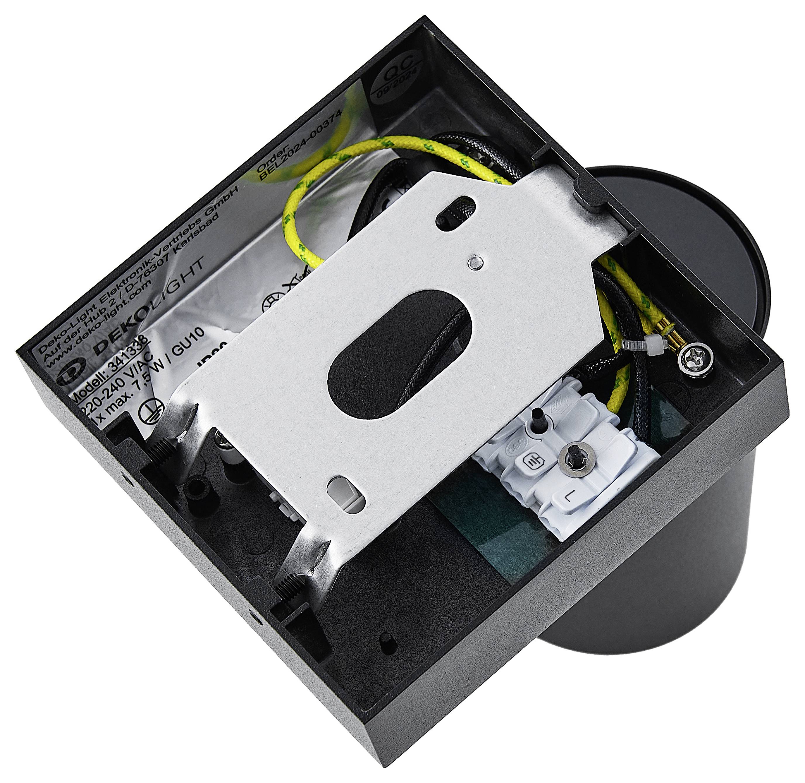 Czarna lampa z widocznym okablowaniem i wspornikiem montażowym firmy Dekolight, przeznaczona dla źródeł światła 220-240V/50Hz, maks. 10W/GU10.