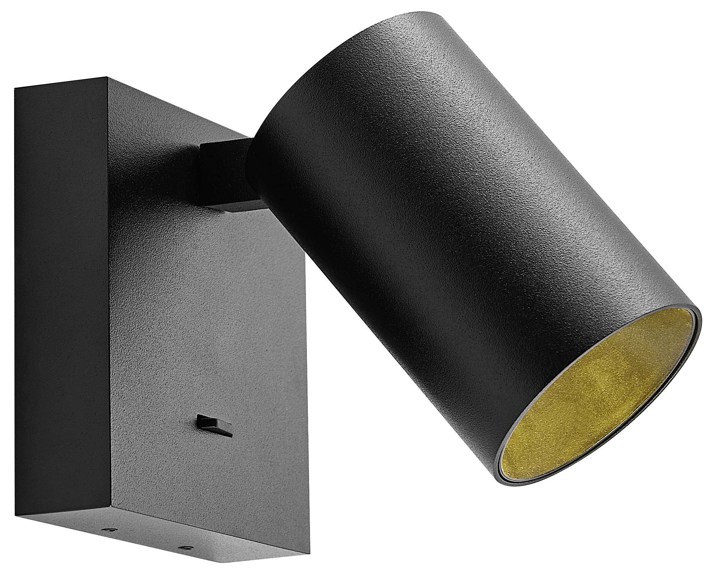 Czarna lampa ścienna z cylindrycznym kloszem, obrotowa, zamocowana na prostokątnej podstawie.