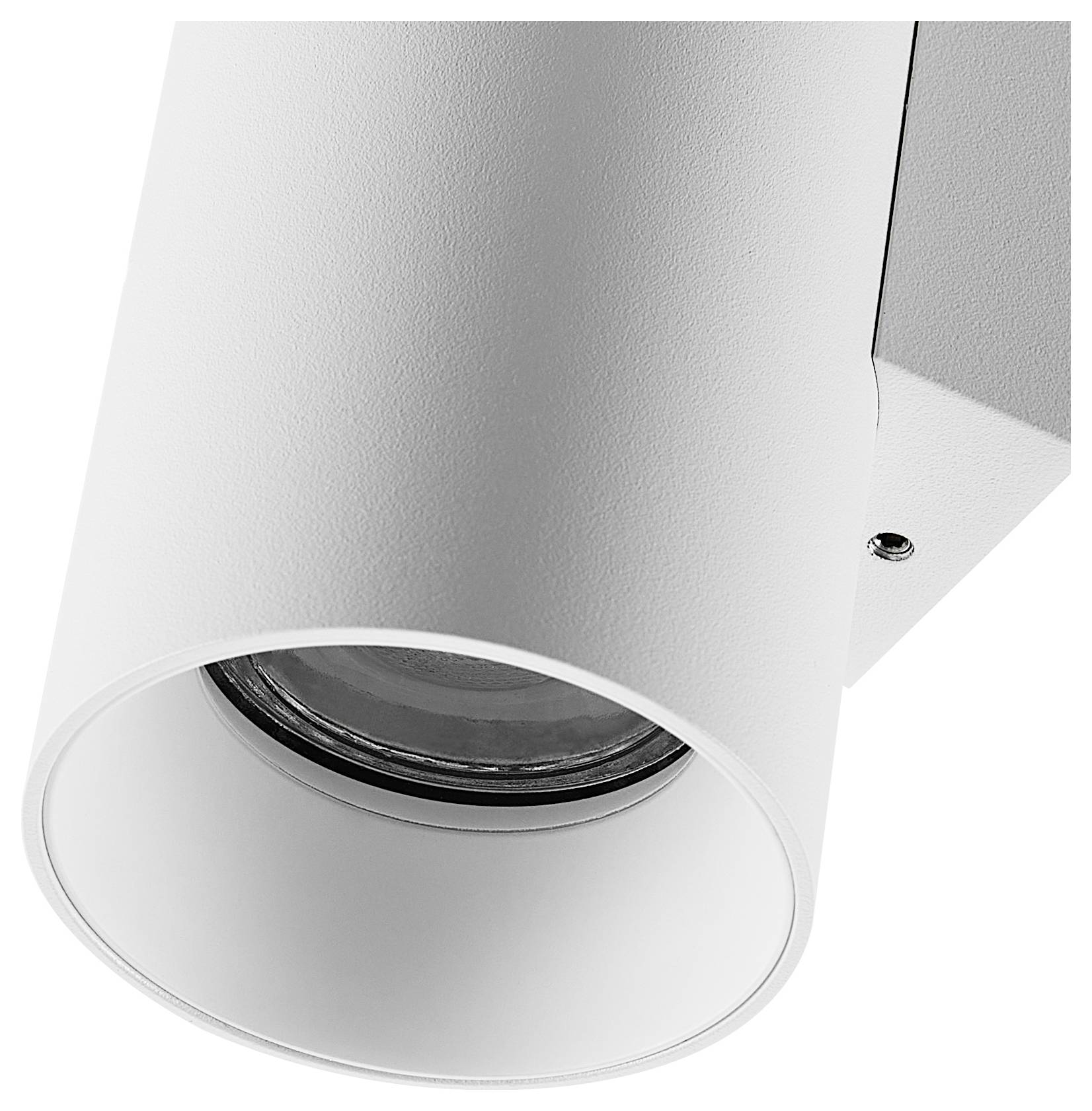 Biała, cylindryczna lampa sufitowa o prostym, nowoczesnym designie wykonana z metalu, idealna do wnętrz mieszkalnych lub biurowych.