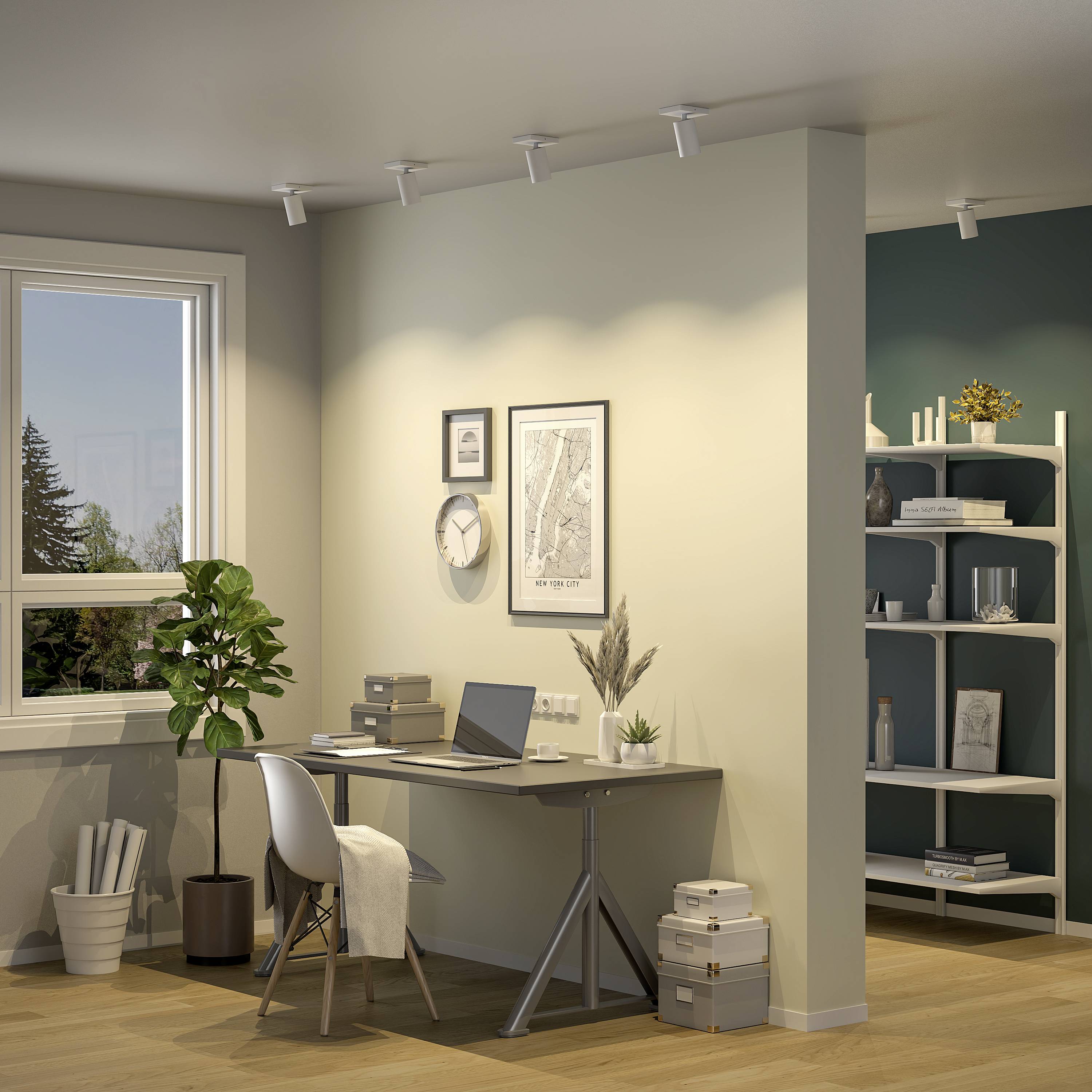 Domowe biuro z laptopem na stole, obok krzesło i rośliny. Na ścianach wiszą obrazy. W tle regał z książkami.