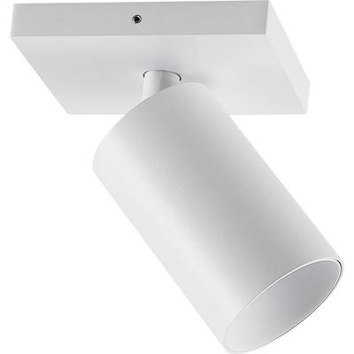 Biała lampa sufitowa z cylindrycznym kloszem i kwadratową podstawą.