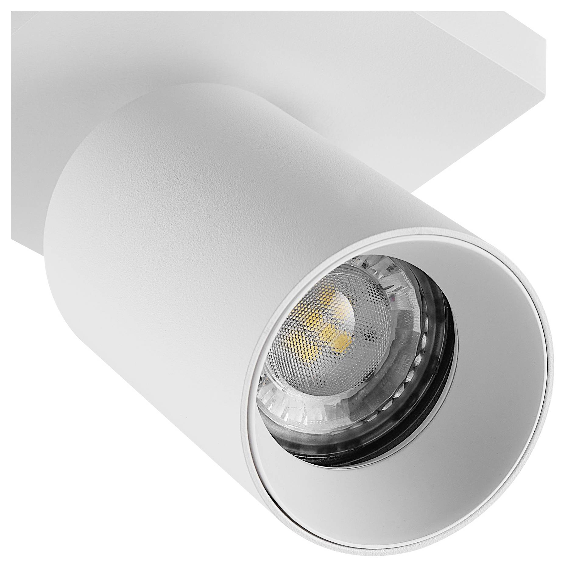 Biała lampa sufitowa z cylindryczną obudową i widocznym źródłem światła LED, przeznaczona do akcentowego oświetlenia w nowoczesnych wnętrzach.