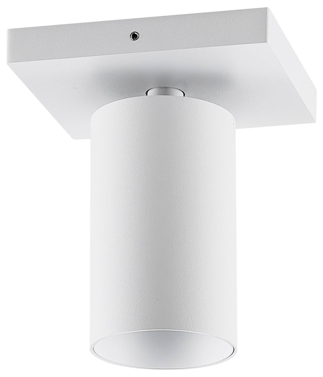 Biała lampa sufitowa wpuszczana w kształcie cylindra z kwadratową podstawą, idealna do nowoczesnych wnętrz.