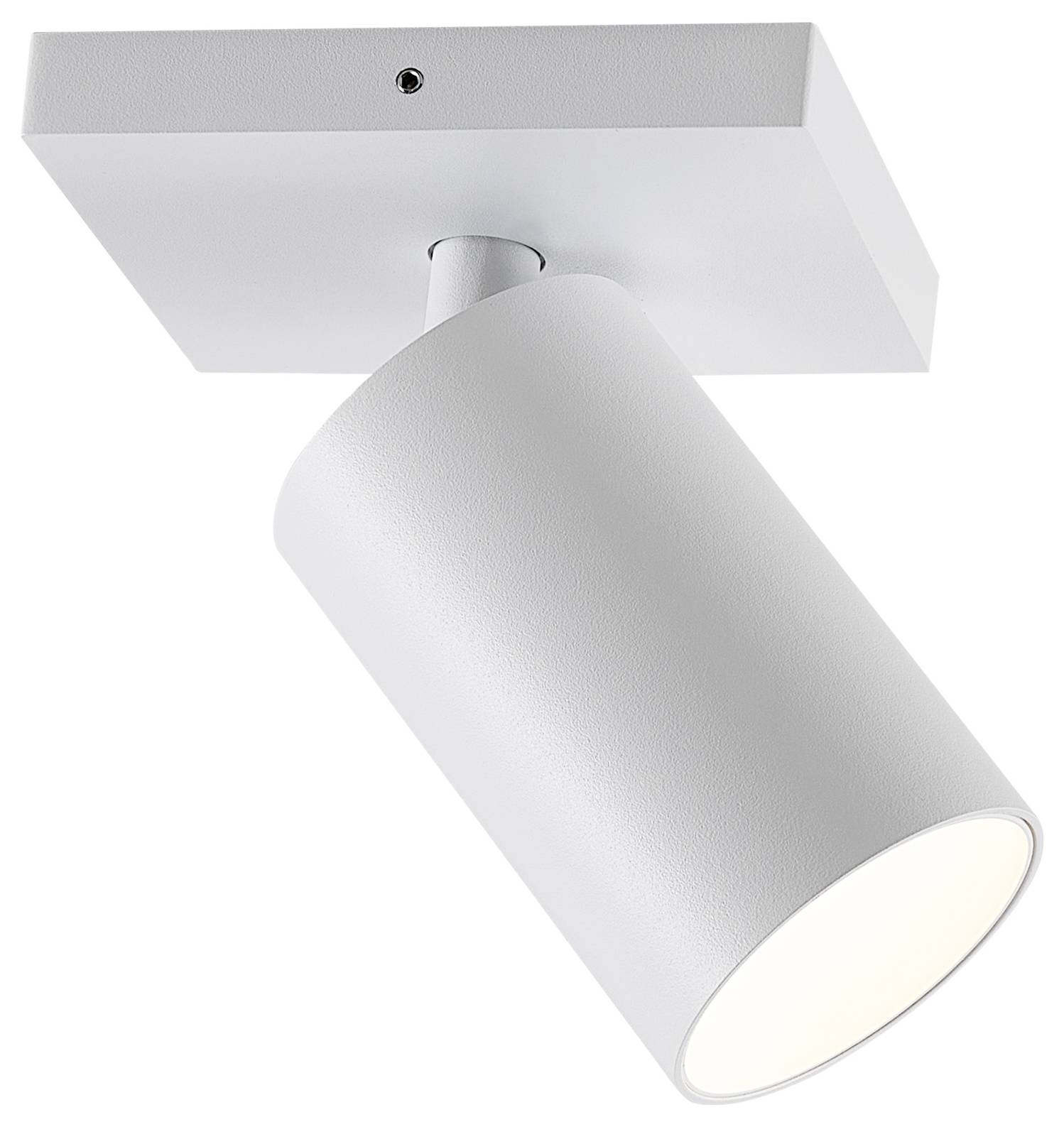 Biała lampa sufitowa o cylindrycznym kształcie z prostokątną podstawą, idealna do nowoczesnych wnętrz.