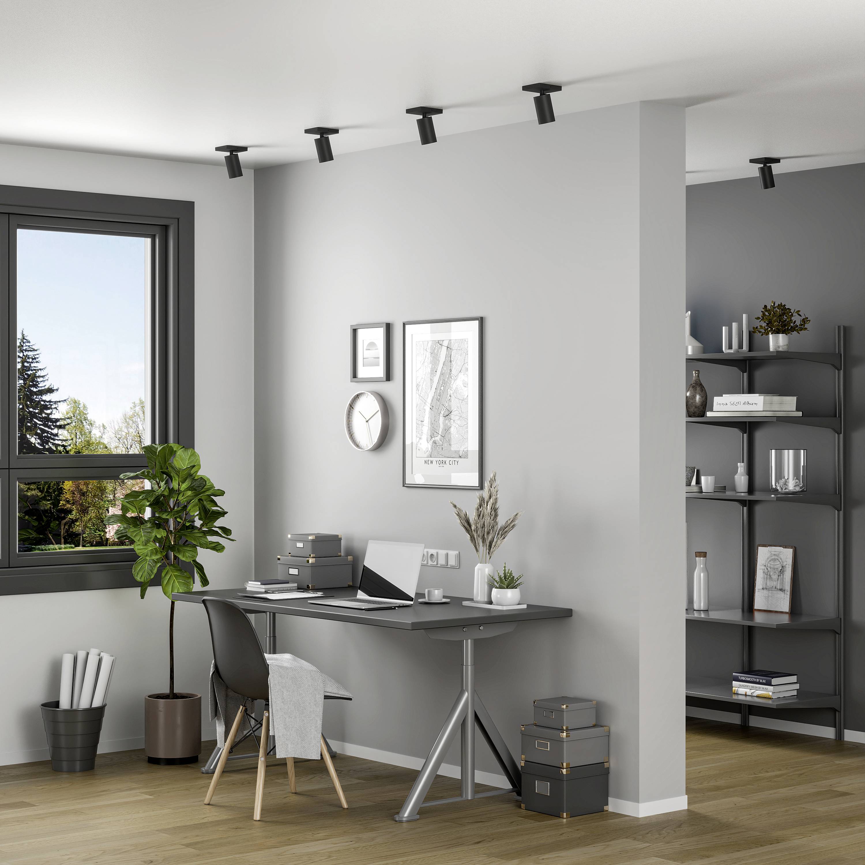 Nowoczesne biuro z szarymi ścianami, biurkiem z laptopem, regałem pełnym książek i dekoracji oraz dużym oknem.
