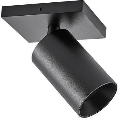 Czarny reflektor punktowy na kwadratowym mocowaniu sufitowym; nowoczesny, minimalistyczny design do precyzyjnego oświetlenia.