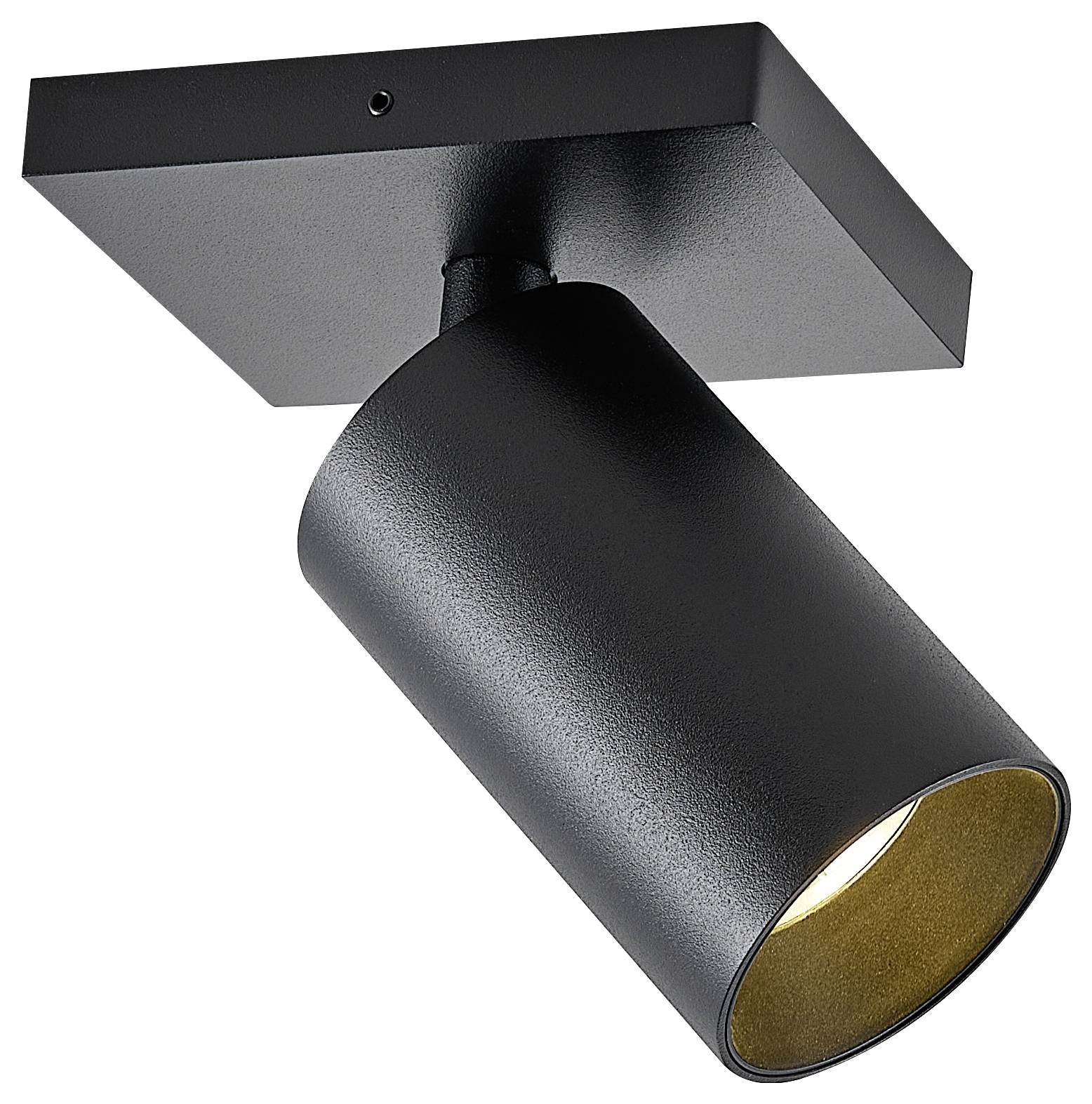 Czarny plafon sufitowy o cylindrycznym kształcie, z kierunkowym strumieniem świetlnym i kwadratową podstawą. Idealny do precyzyjnego oświetlenia pomieszczenia.
