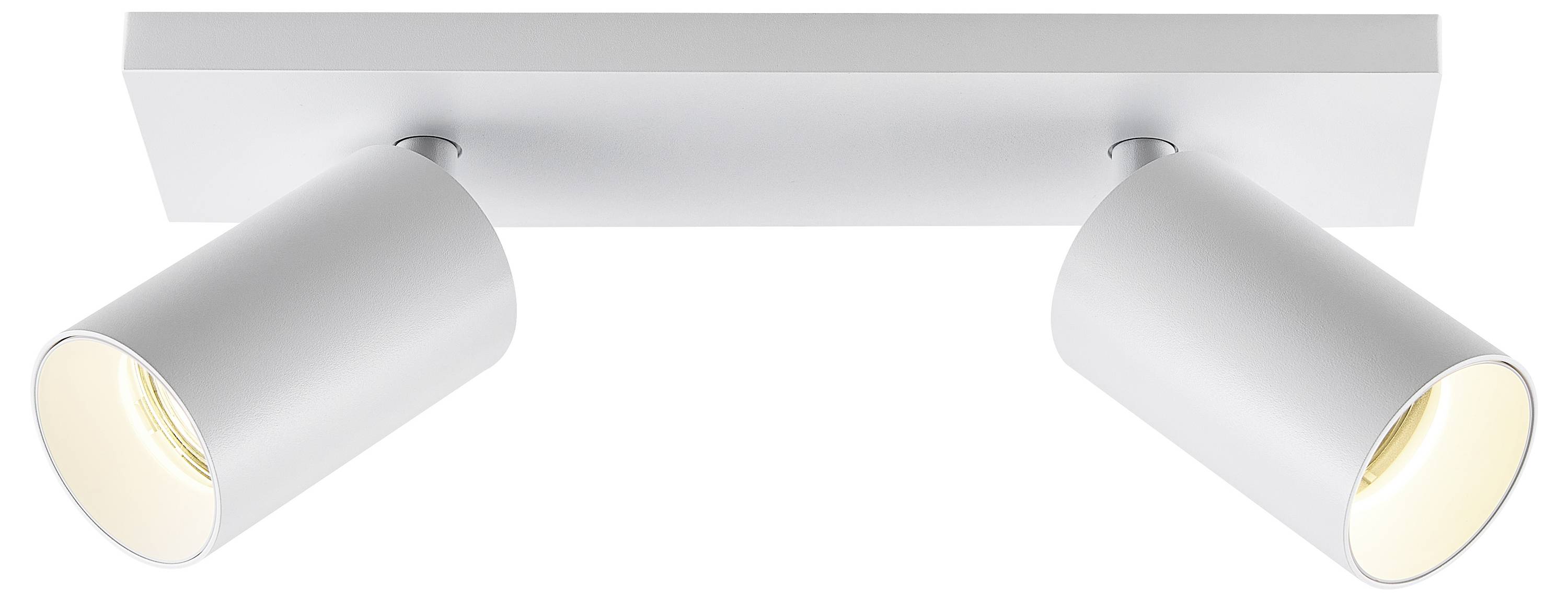 Nowoczesna, biała lampa sufitowa z dwoma cylindrycznymi reflektorami, które można regulować w różnych kierunkach.
