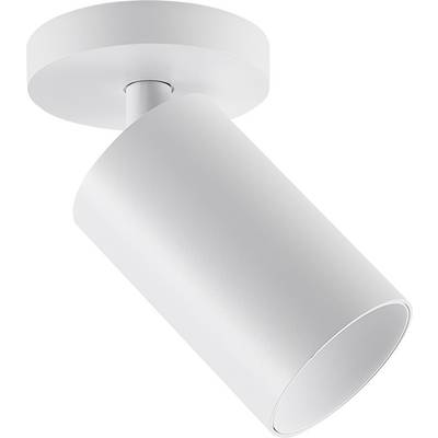 Biała, cylindryczna lampa sufitowa z regulowanym kloszem, zamocowana na okrągłej podstawie. Minimalistyczny design.