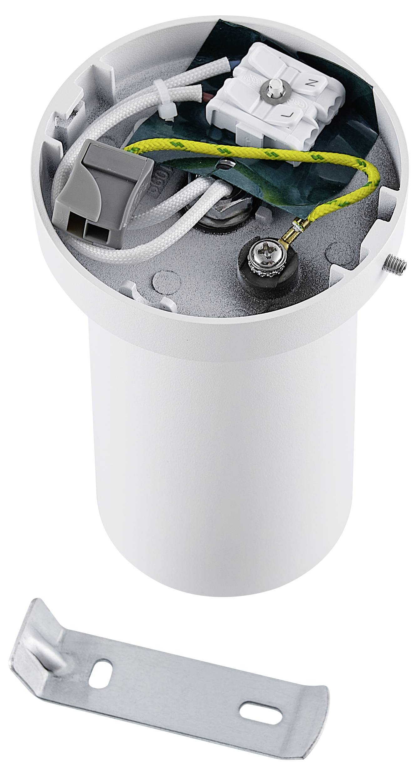 Elektryczna puszka kablowa w kształcie cylindra z otwartą pokrywą, widocznymi kablami i śrubami. Metalowy element poniżej.