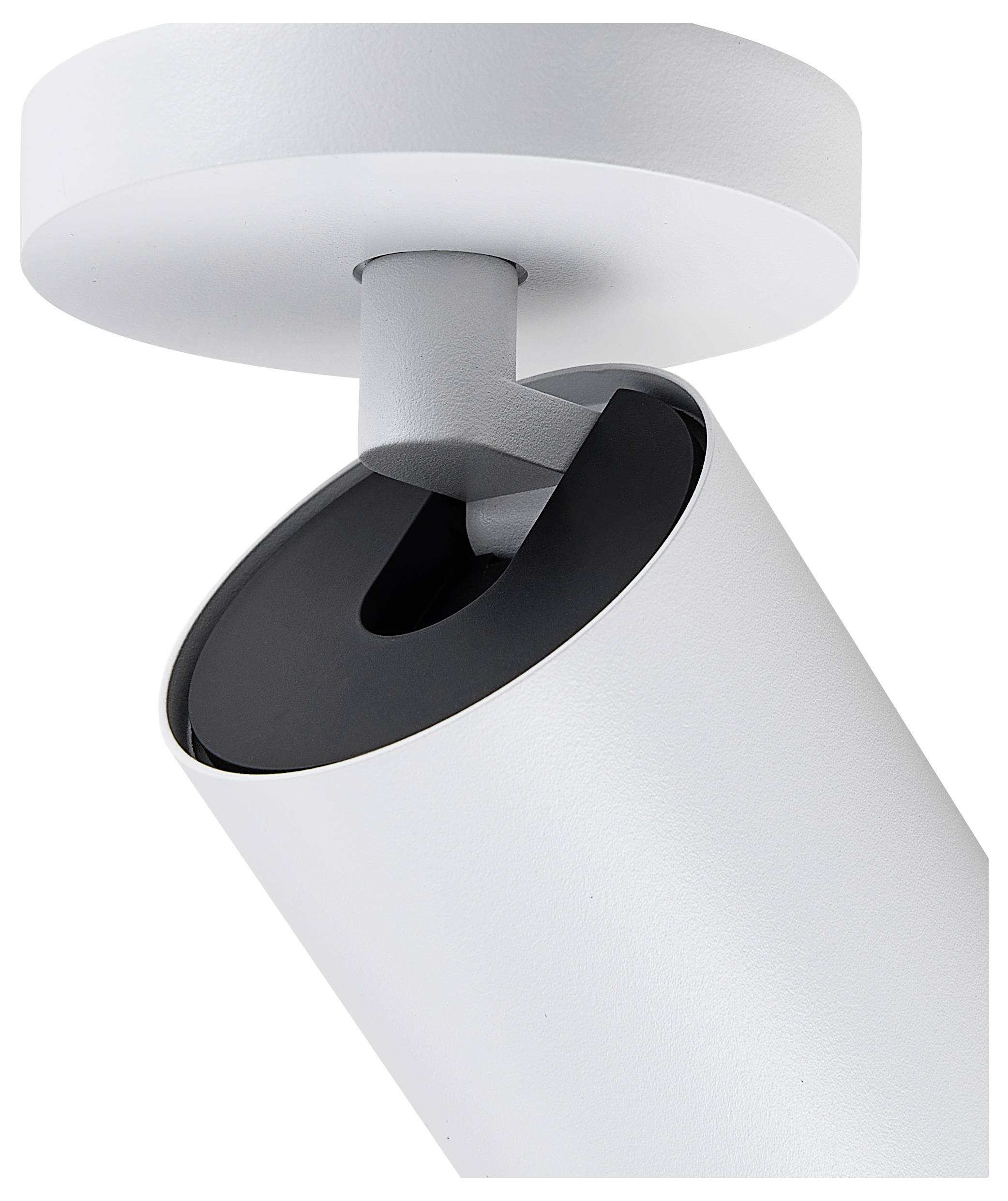 Biała, cylindryczna lampa sufitowa z obrotową głowicą, zamontowana przy suficie. Idealna do precyzyjnego oświetlenia.