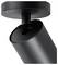 Czarny, regulowany reflektor sufitowy o cylindrycznym kształcie, zamontowany na okrągłej podstawie. Idealny do kierunkowego oświetlenia.