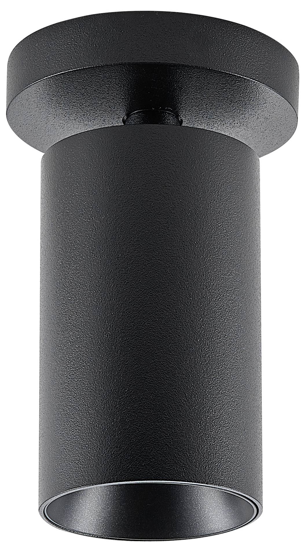 Czarna, cylindryczna lampa sufitowa w nowoczesnym stylu. Posiada gładką powierzchnię i jest przeznaczona do wnętrz.