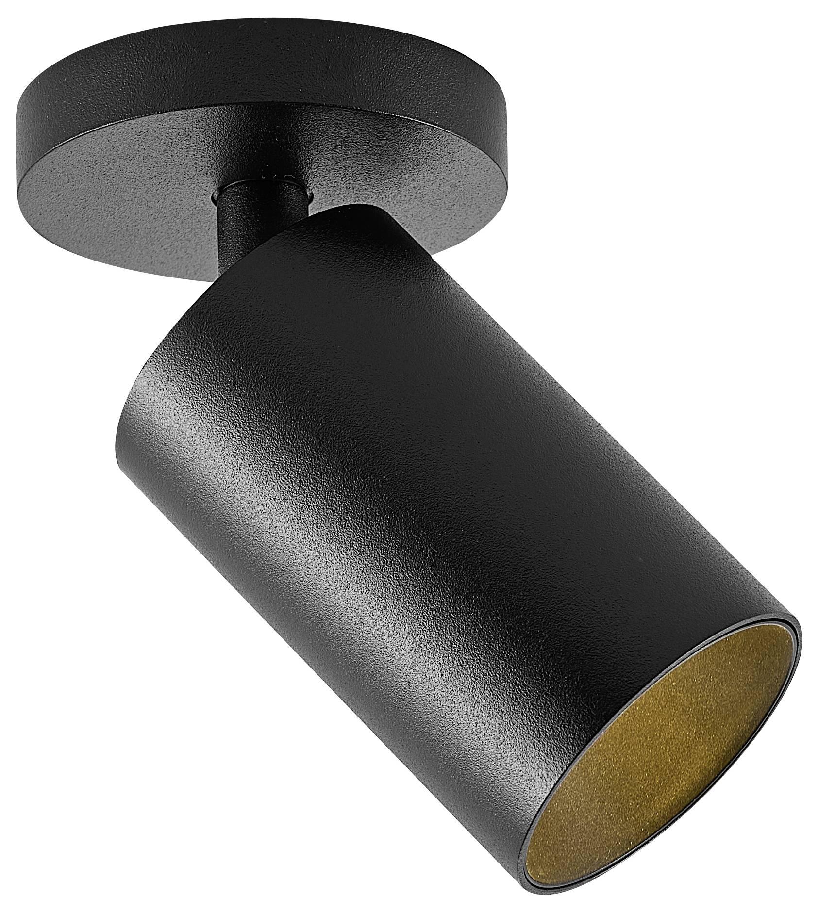 Czarna cylindryczna lampa sufitowa z obrotową głowicą, przeznaczona do oświetlania wnętrz.