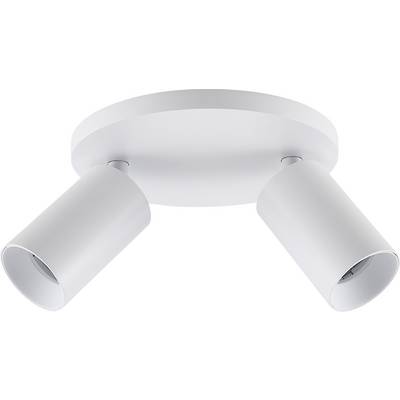 Biała lampa sufitowa z dwoma regulowanymi cylindrycznymi reflektorami do precyzyjnego oświetlenia. Nowoczesny i minimalistyczny design.