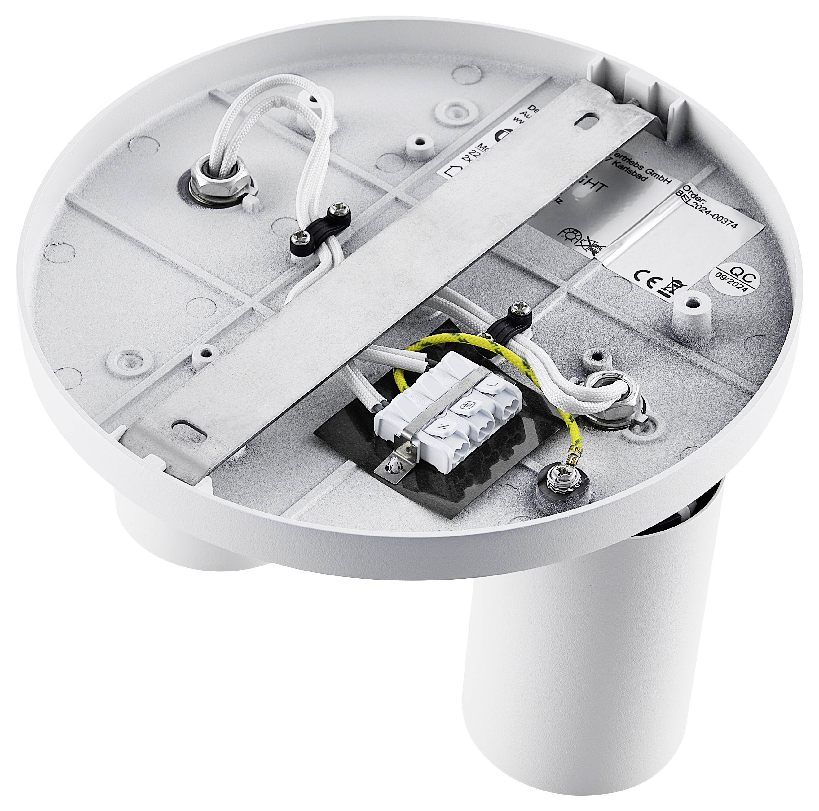 Okrągła elektryczna osłona sufitowa z podłączonymi przewodami i zaciskami, odpowiednia do instalacji lamp i bezpiecznego podłączenia elektrycznego.