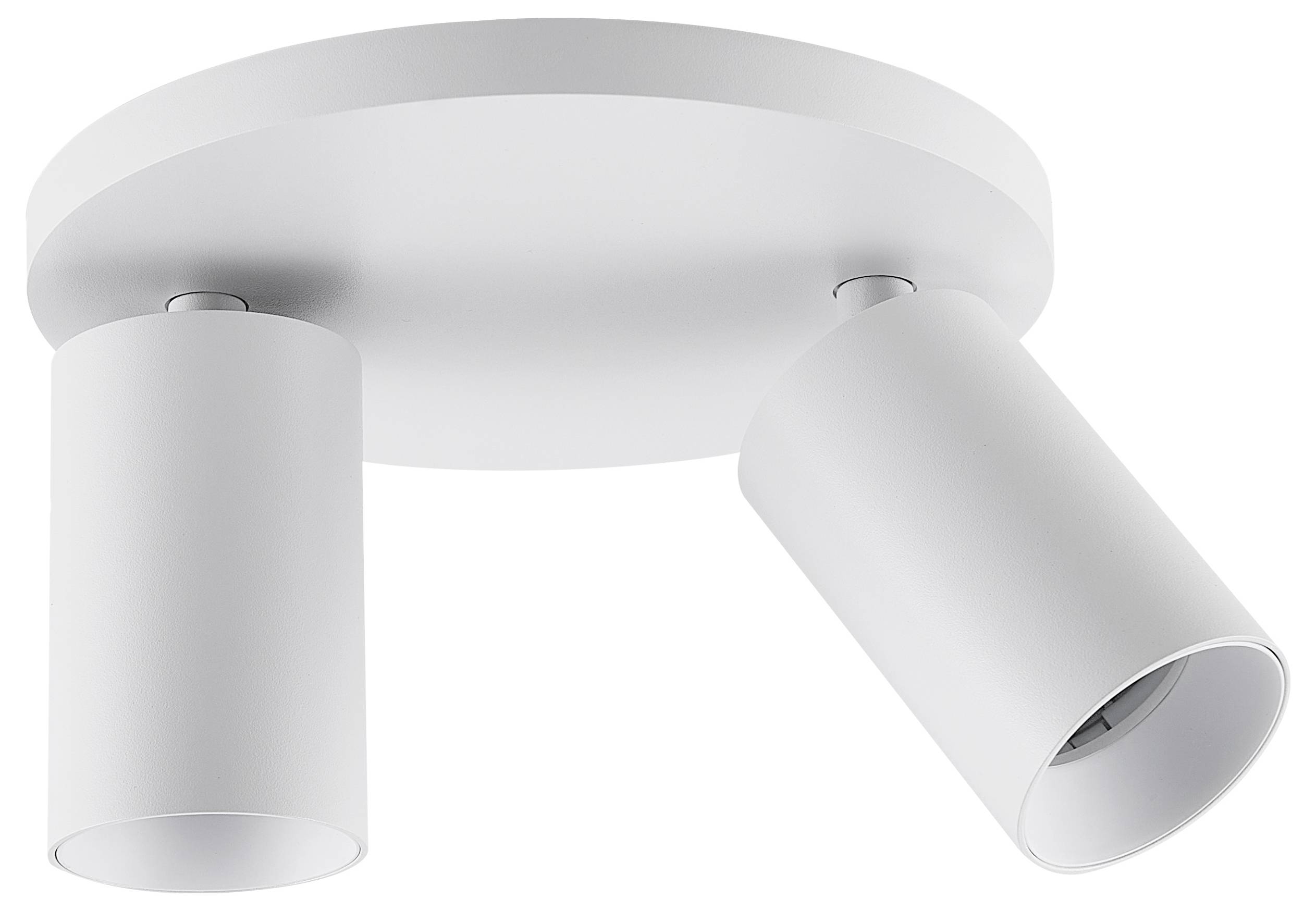 Dwie obrotowe, cylindryczne lampy sufitowe w białym kolorze, zamontowane na okrągłej podstawie. Idealne do precyzyjnego oświetlenia.