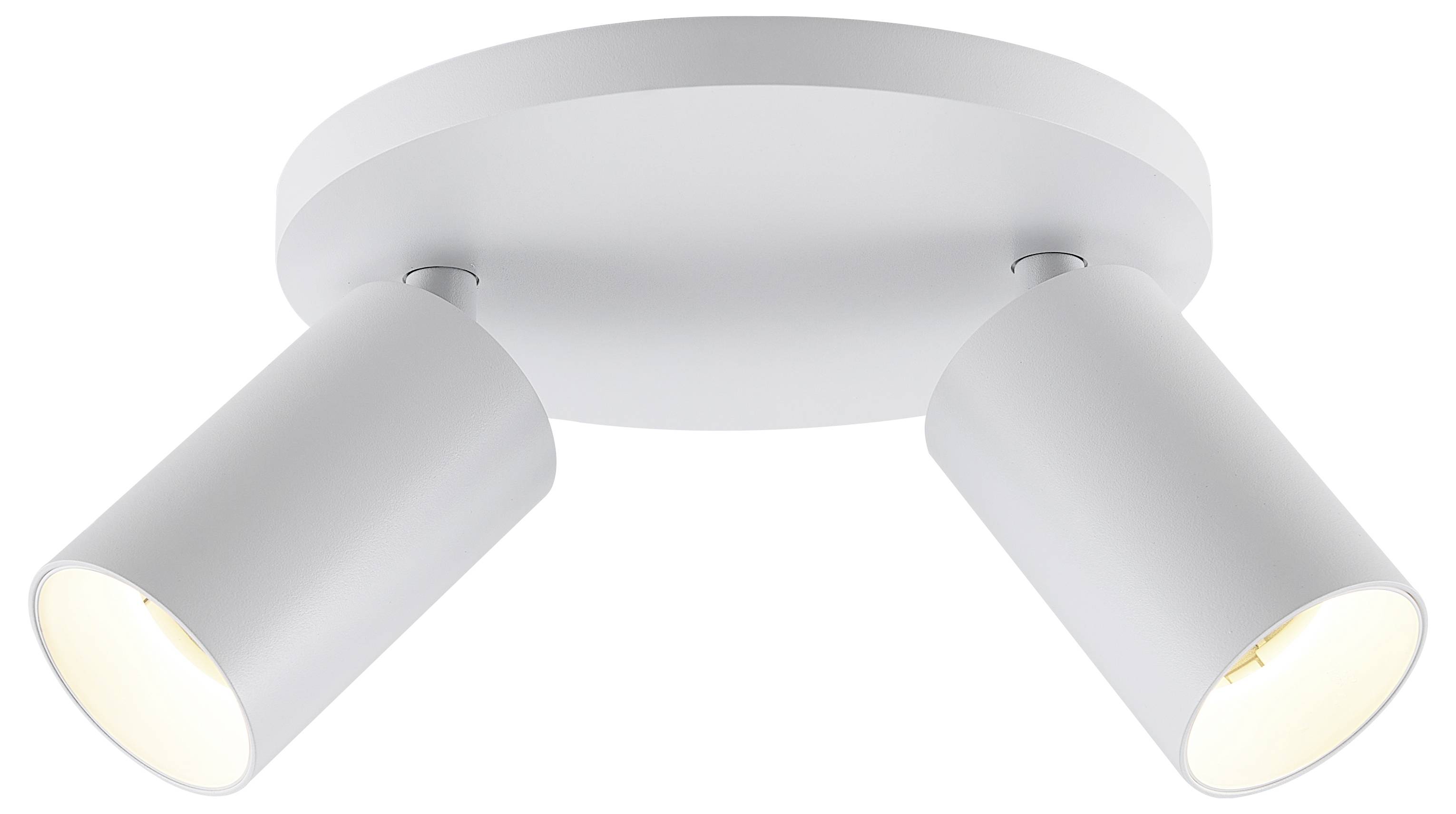 Dwa cylindryczne, regulowane reflektory sufitowe w białej obudowie, podświetlone, zamontowane na okrągłej podtynkowej rozecie sufitowej.