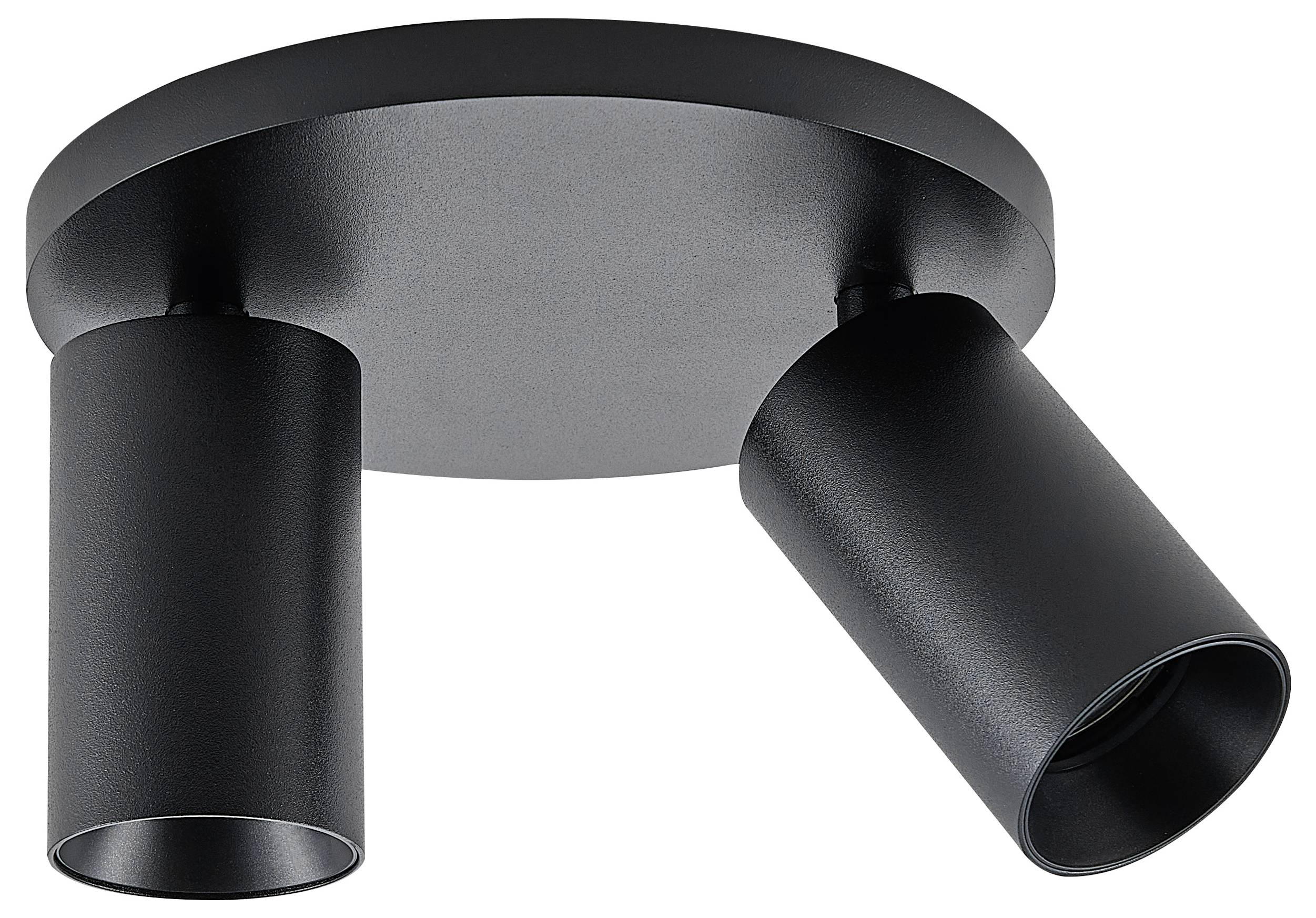 Dwupalnikowa, czarna lampa sufitowa z cylindrycznymi, regulowanymi reflektorami, odpowiednia do precyzyjnego oświetlenia wnętrz.