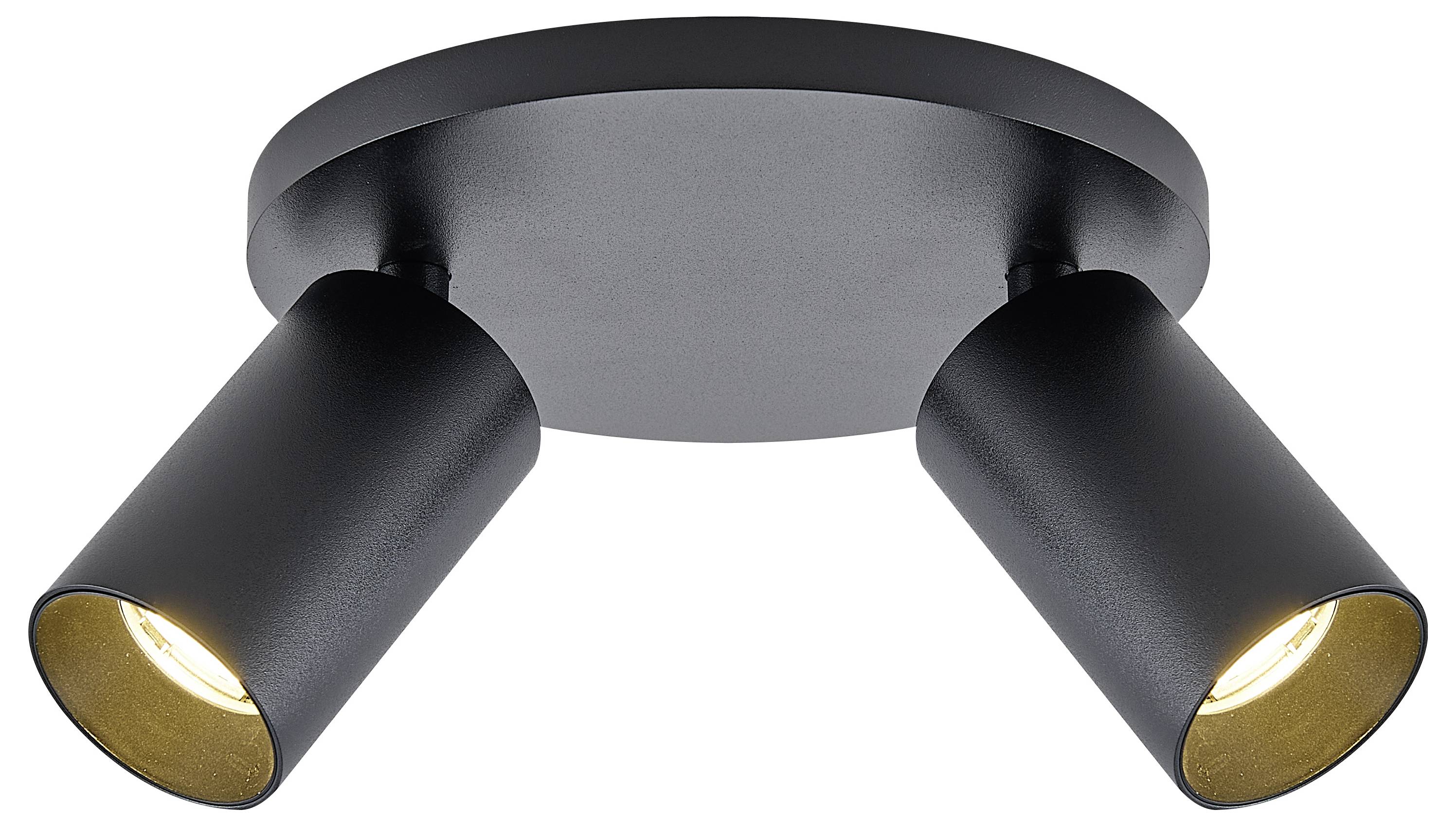 Czarna lampa sufitowa z dwoma regulowanymi reflektorami.