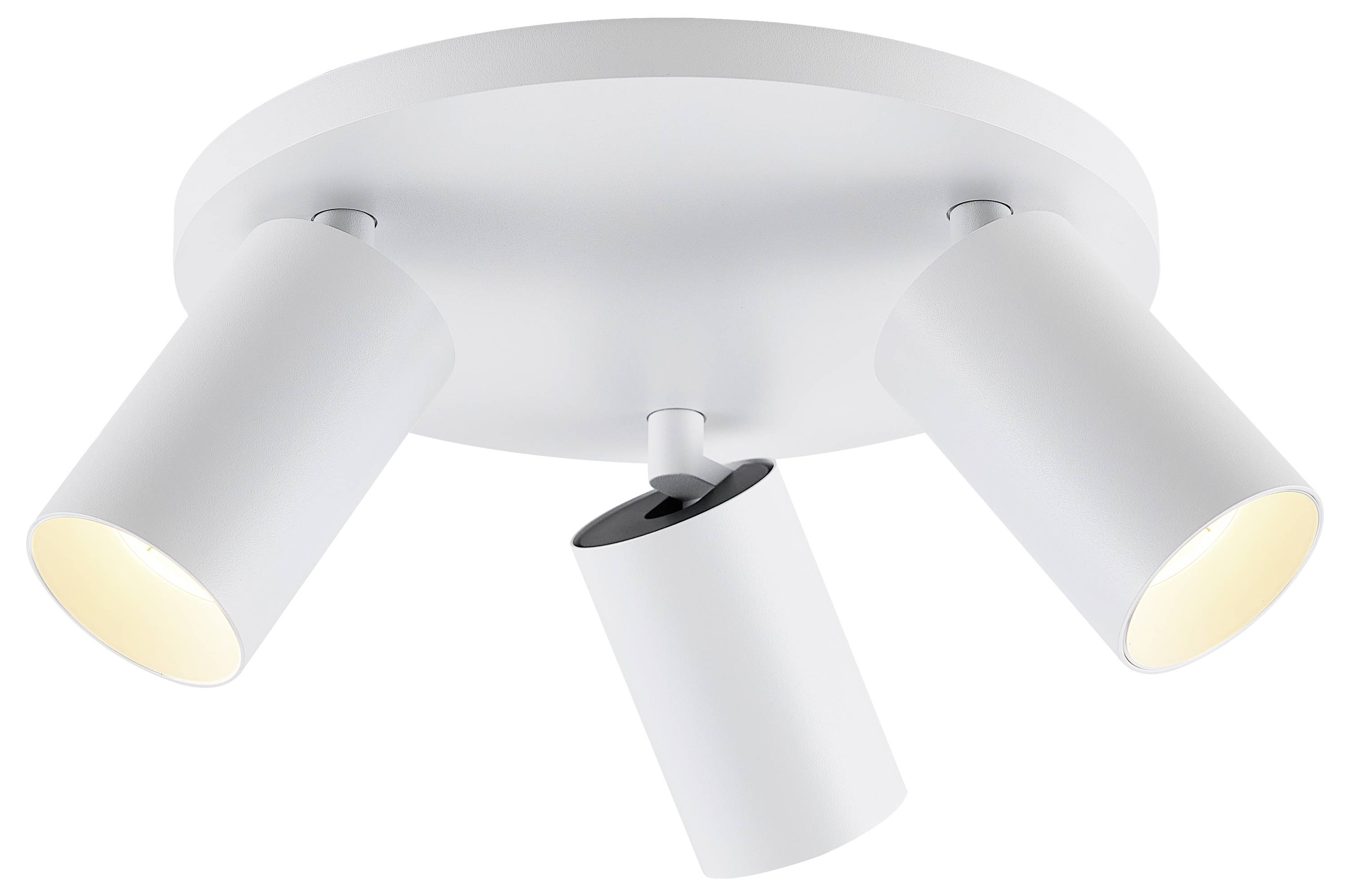 Biała lampa sufitowa z trzema regulowanymi, okrągłymi reflektorami równomiernie rozmieszczonymi na podstawie. Idealna do kierunkowego oświetlenia.