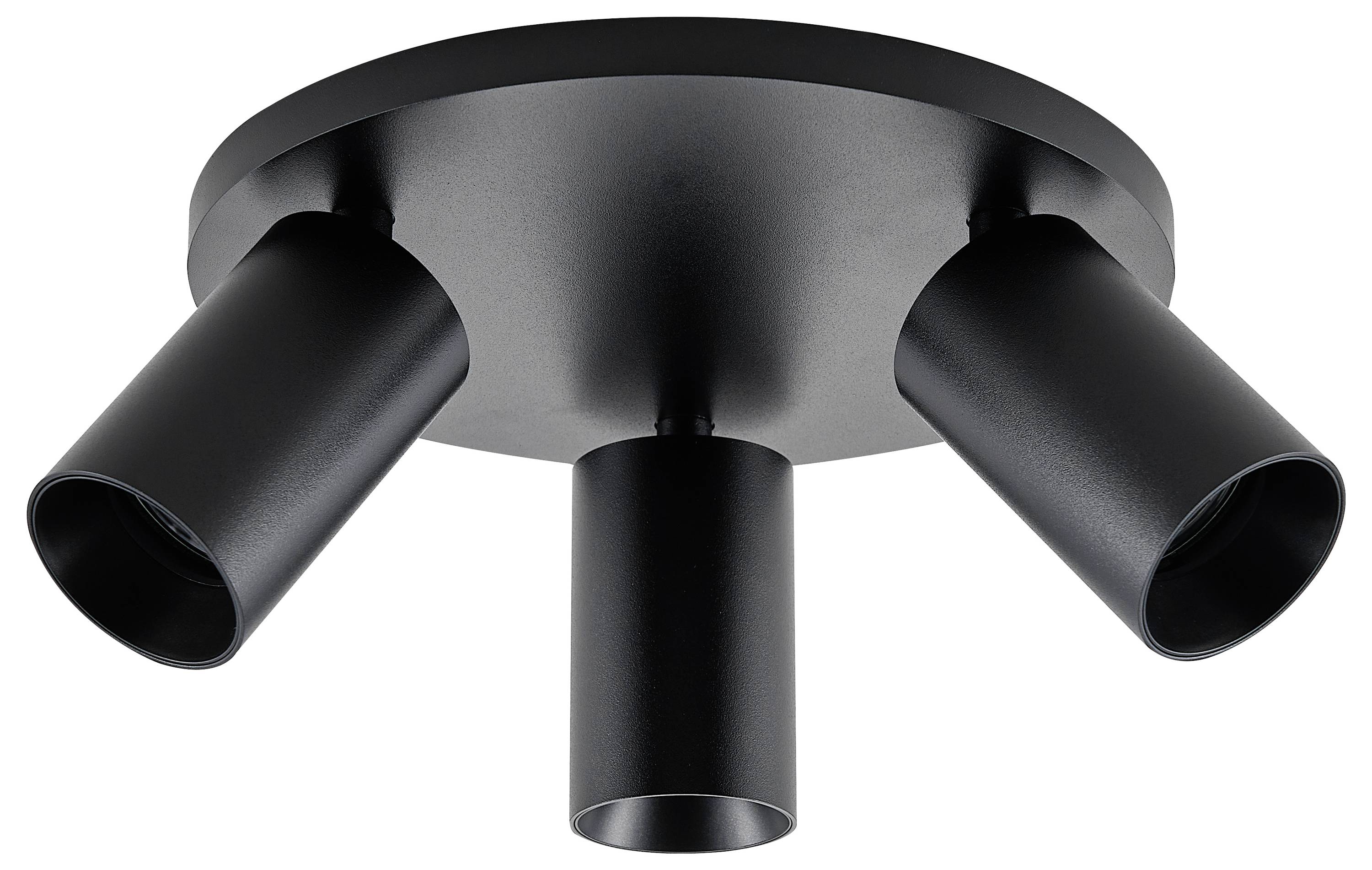 Okrągła, czarna lampa sufitowa z trzema regulowanymi reflektorami, skierowanymi w różnych kierunkach.