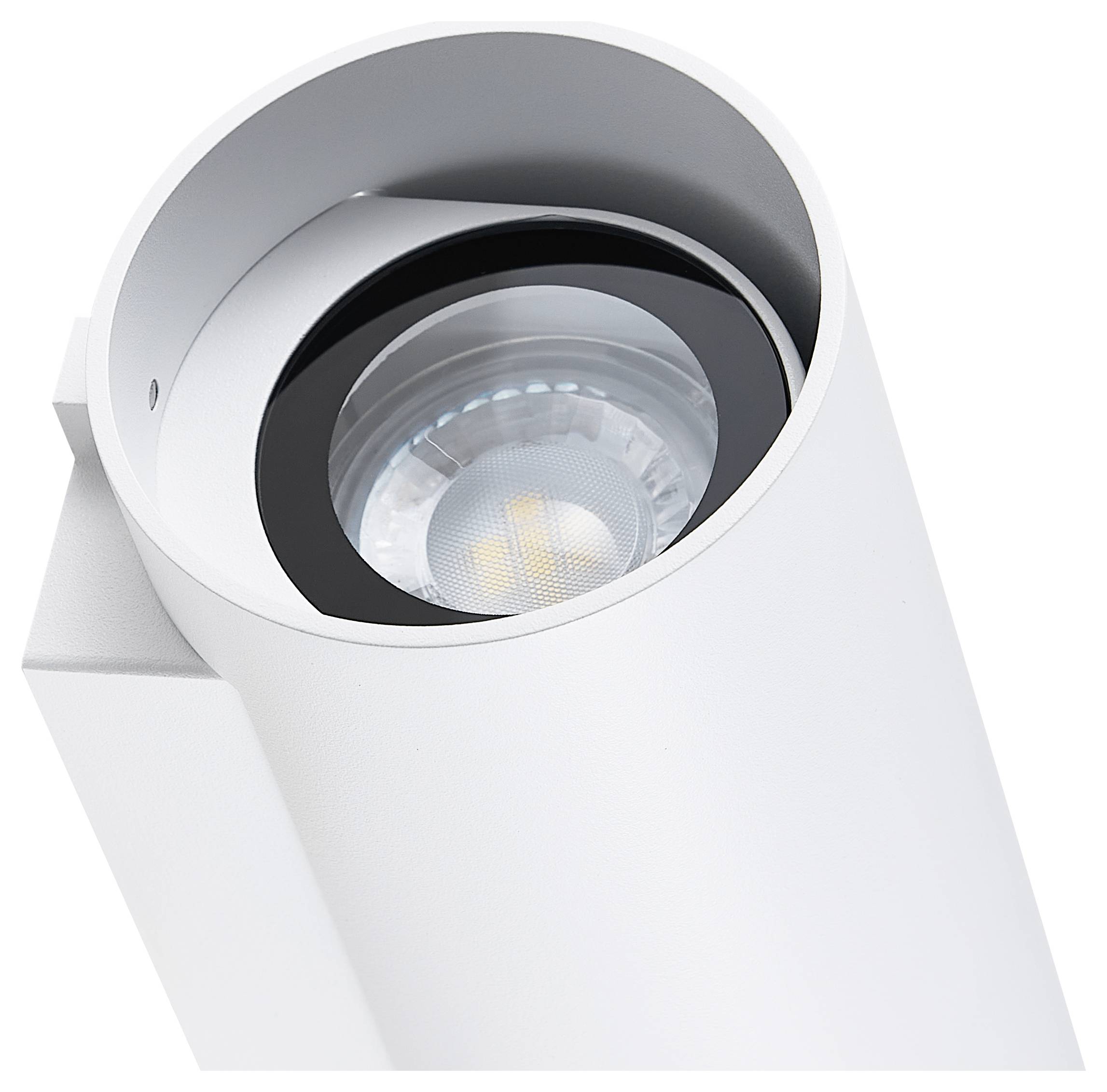 Biała, cylindryczna lampa sufitowa z widoczną żarówką LED, możliwa do regulacji dla precyzyjnego oświetlenia.