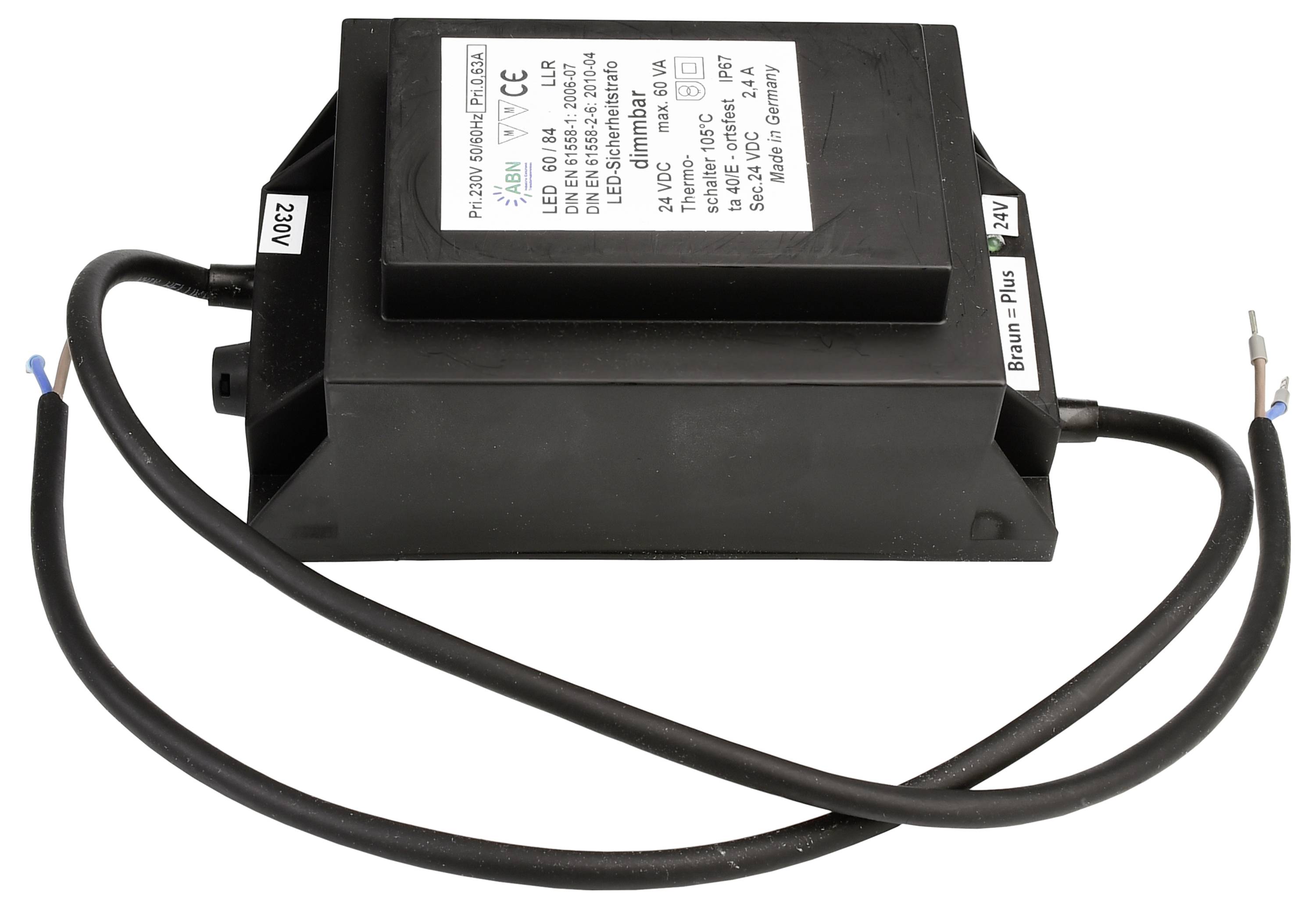 Czarny transformator z przewodami, odpowiedni dla 230 V, wyjście 12 V, certyfikowany CE. Przeznaczony głównie do systemów oświetleniowych.