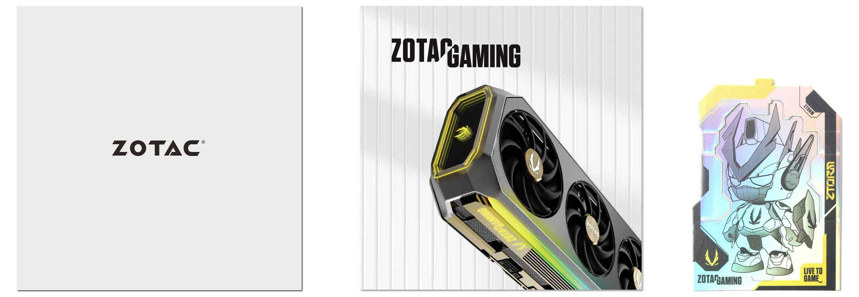 'Trzy opakowania: po lewej z logo ZOTAC, w środku karta graficzna ZOTAC GAMING, po prawej stylizowana grafika z designem ZOTAC GAMING.'
