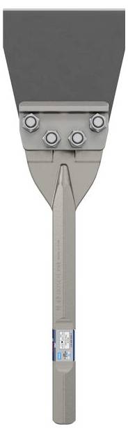 Płaski metalowy skrobak z szerokim ostrzem i wytrzymałym uchwytem, przeznaczony do ciężkich prac związanych z usuwaniem warstw na twardych powierzchniach.