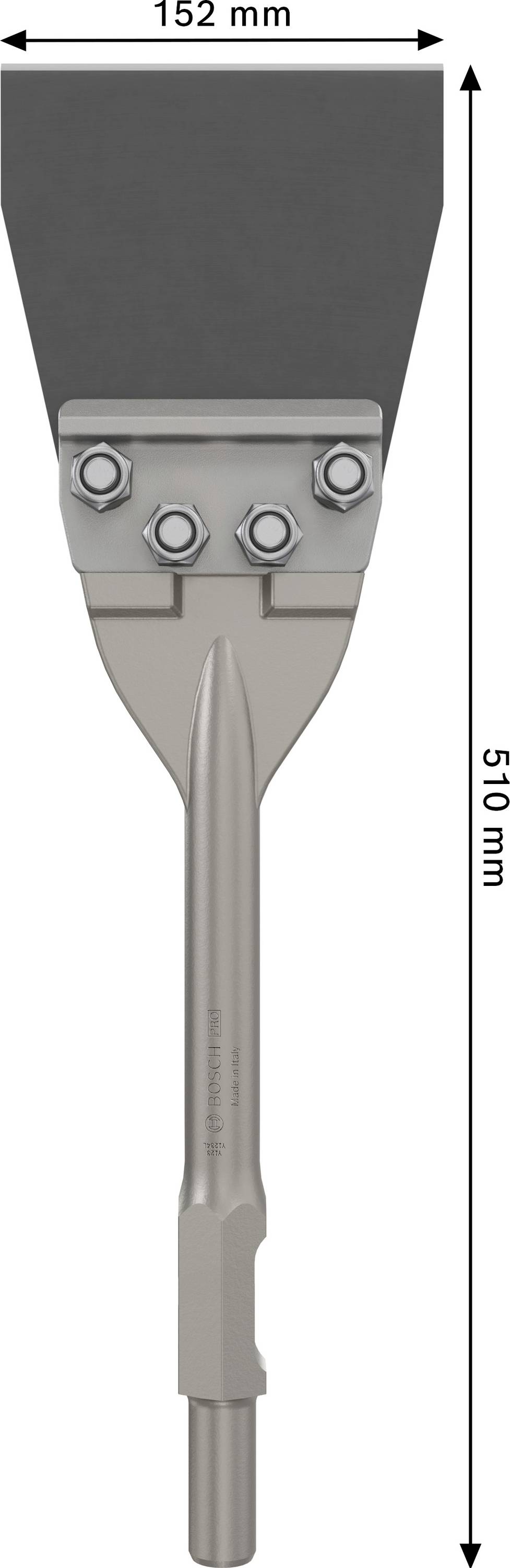 Szeroki dłuto płaskie z metalu z uchwytem i trzema śrubami. Wymiary: szerokość 152 mm, długość 510 mm.