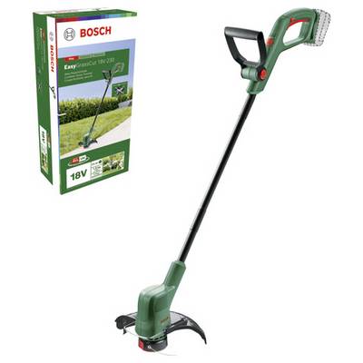 Akumulatorowy podkaszacz do trawy Bosch EasyGrassCut 18V-230 obok opakowania produktu. Smukła, zielona konstrukcja z ergonomicznym uchwytem.