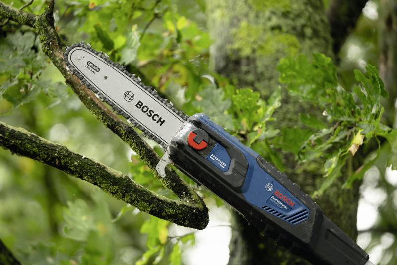 Elektryczna piła łańcuchowa przecina gałąź drzewa. Piła jest koloru niebiesko-czarnego z napisem 'Bosch'.