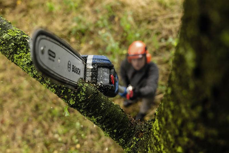 Niewyraźny robotnik podcina piłą łańcuchową gałąź. Piła jest wyraźna na pierwszym planie, a robotnik jest ubrany w odzież ochronną.