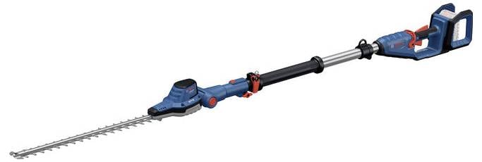 Sekator teleskopowy z niebieskim i czarnym uchwytem, teleskopowanym drążkiem i listewką tnącą do przycinania wysokich żywopłotów.