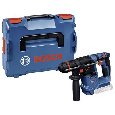 Niebieska wiertarka Bosch z czarnym uchwytem i pomarańczowymi elementami, obok znajduje się pasujący kufer na narzędzia z czerwonym logo Bosch.