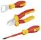 Zestaw narzędzi Bosch: otwieracz do butelek, nożyce do cięcia kabli i śrubokręt, wszystkie z czerwonymi i żółtymi uchwytami.