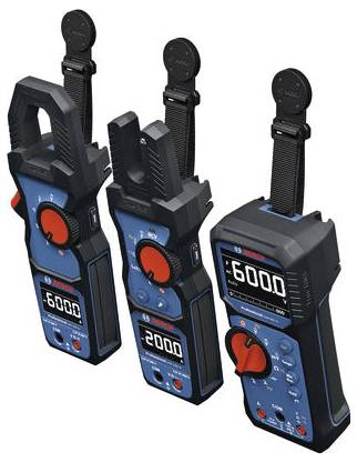 Trzy niebieskie cyfrowe mierniki prądu w różnych formatach, na których wyświetlaczach widoczne są wartości pomiarowe: 6000, 2000 i ponownie 6000.