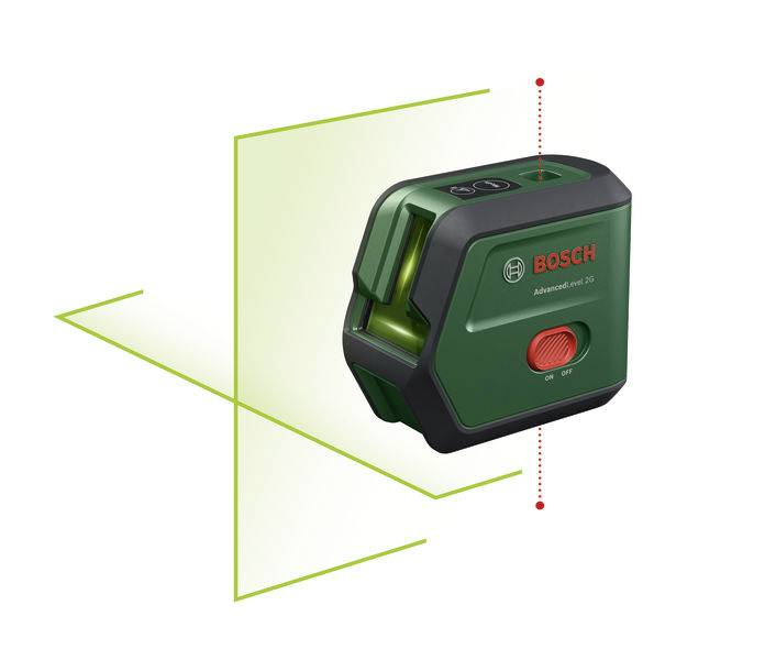 Laserowy niwelator Boscha wyświetla zielone linie dla precyzyjnego wyrównania, jest kompaktowy i poręczny, idealny do projektów majsterkowiczów.