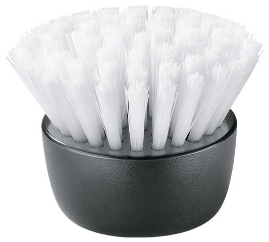 Okrągła czarna szczotka z gęstymi białymi włoskami, używana do czyszczenia.