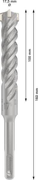 Korona wiertnicza o wzorze spiralnym, średnica 17,5 mm, długość 160 mm. Na ilustracji strzałki wskazujące wymiary długości i głębokości wiercenia.