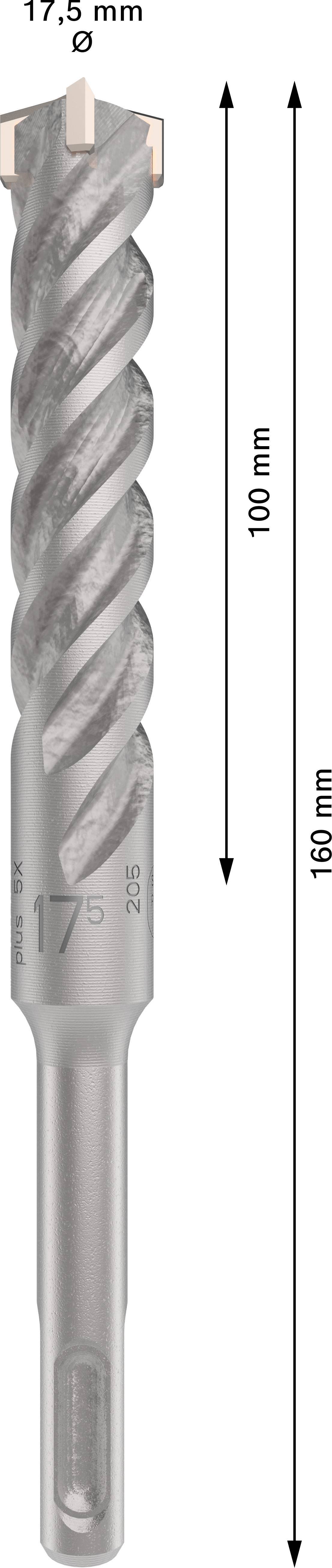 Nasadka wiertnicza o średnicy 17,5 mm i długości 160 mm. Zawiera dane wymiarowe: 100 mm użytecznej długości wiercenia.