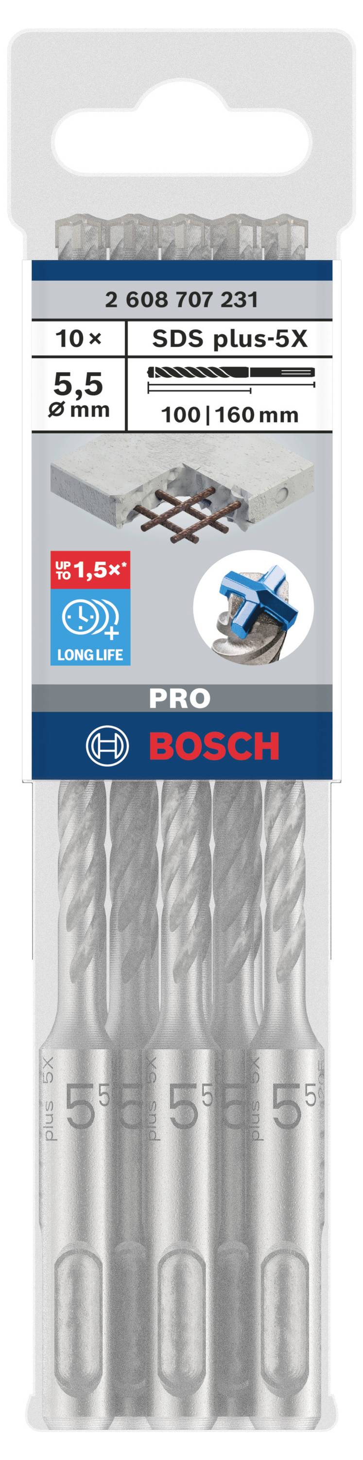 Trzy wiertła Bosch SDS plus-5X, średnica 5,5 mm, długość 100/160 mm. Odpowiednie do betonu i kamienia. Podkreślona długość i stabilność.
