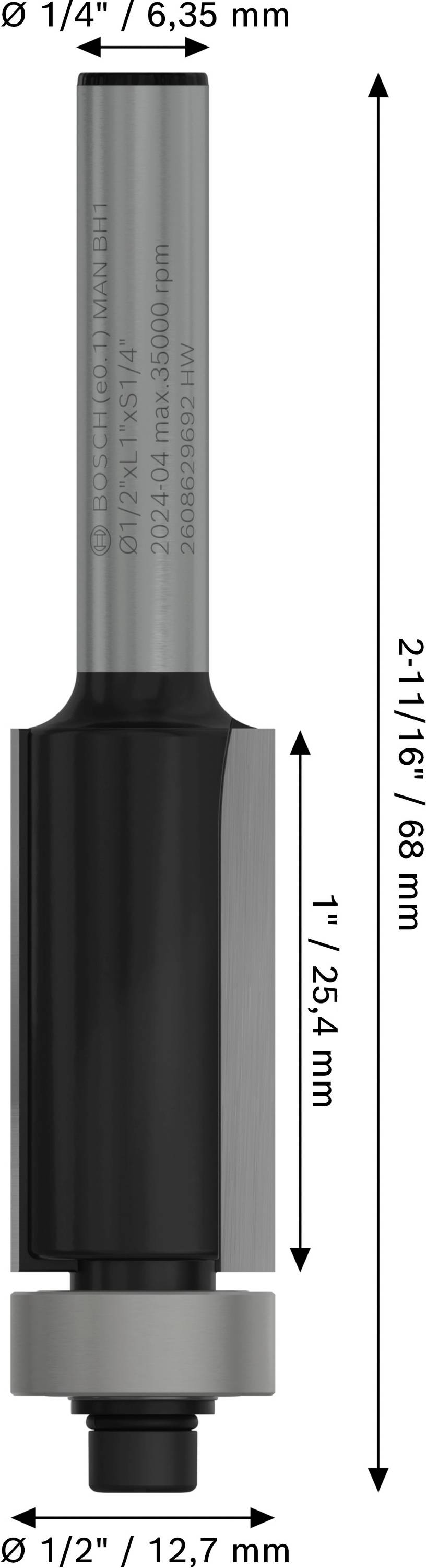 Frez z trzpieniem o średnicy 1/4 cala (6,35 mm), długości skrawania 1 cal (25,4 mm), średnicy całkowitej 1/2 cala (12,7 mm) i długości całkowitej 2 11/16 cala (68 mm).