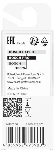Etykieta opakowania narzędzia Bosch. Zawiera logotypy, informację o materiale '100%', miejsce produkcji 'Made in China' oraz kod QR.
